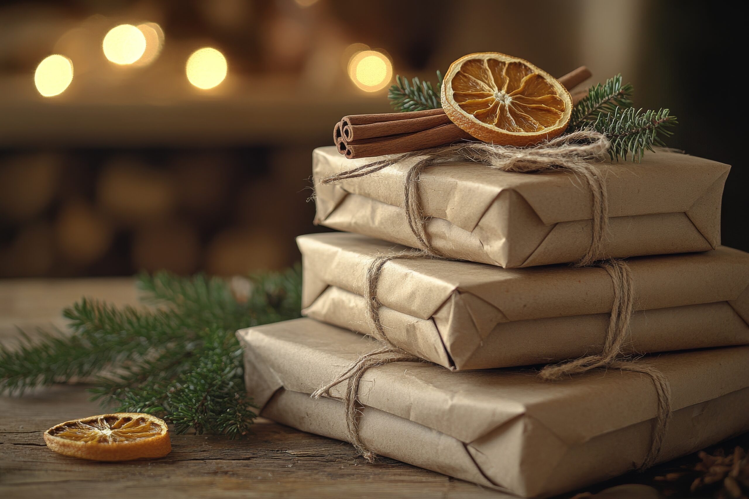 A festive photo with a stack of three boxes wrapped in kraft paper with dried fruit on top with Christmas lights in the background.